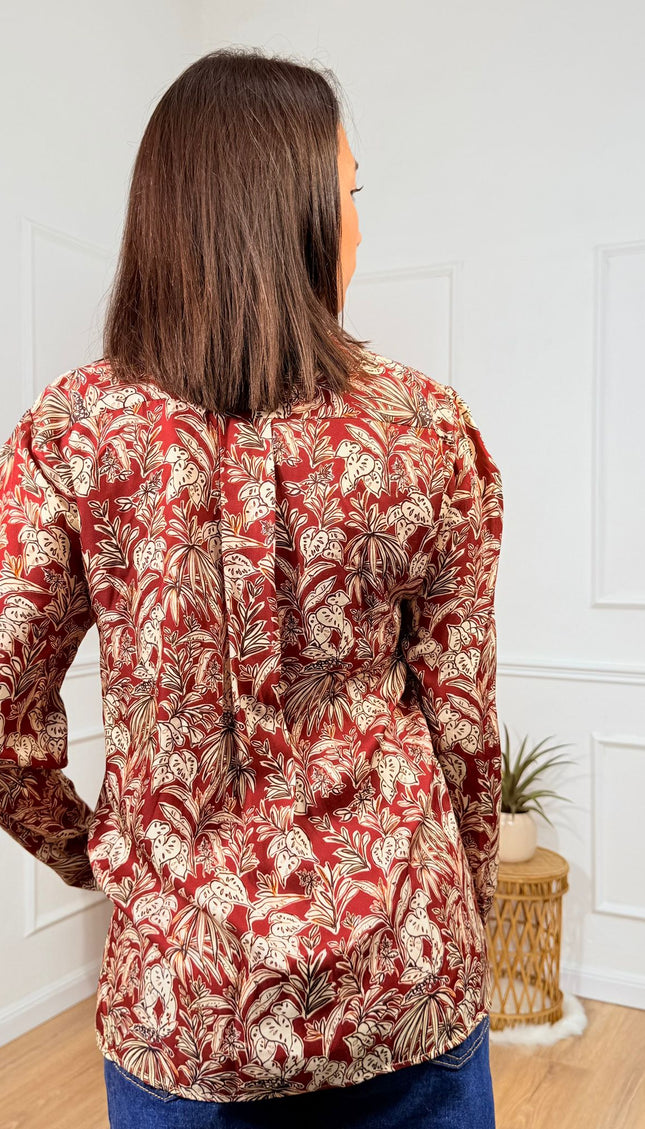 Blusa a maniche lunghe con fantasia floreale e dettaglio fiocco  Merci Bordeaux