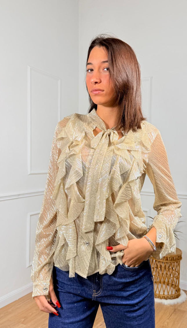 Blusa trasparente con fiocco e balze decorative Merci Oro