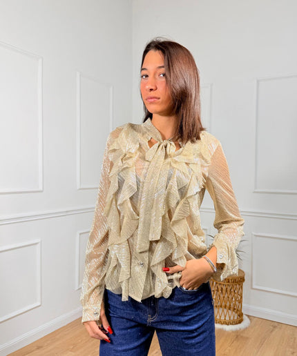 Blusa trasparente con fiocco e balze decorative Merci Oro
