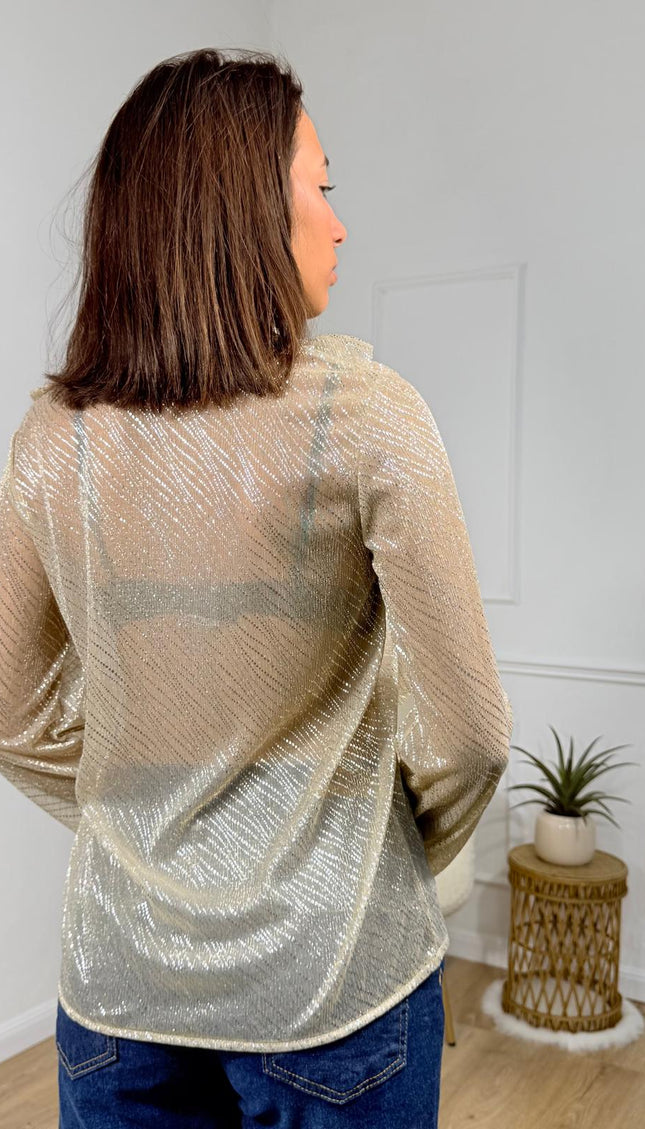 Blusa trasparente con fiocco e balze decorative Merci Oro