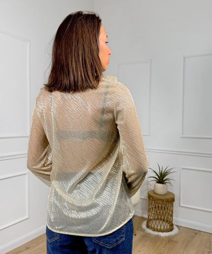Blusa trasparente con fiocco e balze decorative Merci Oro