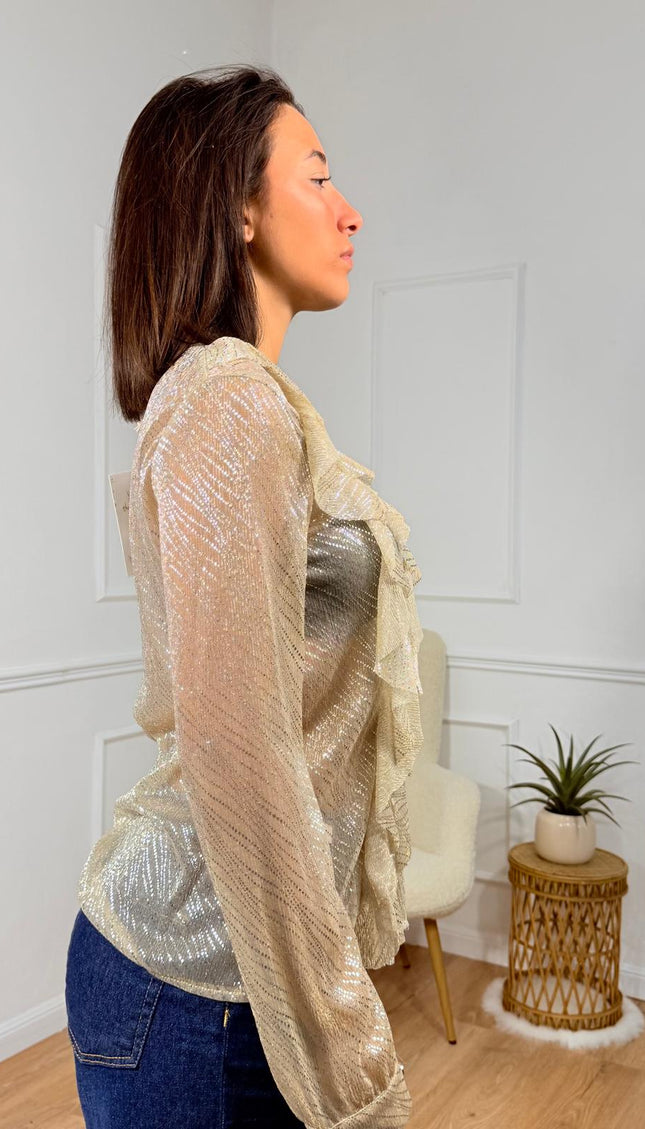 Blusa trasparente con fiocco e balze decorative Merci Oro