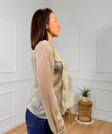 Blusa trasparente con fiocco e balze decorative Merci Oro