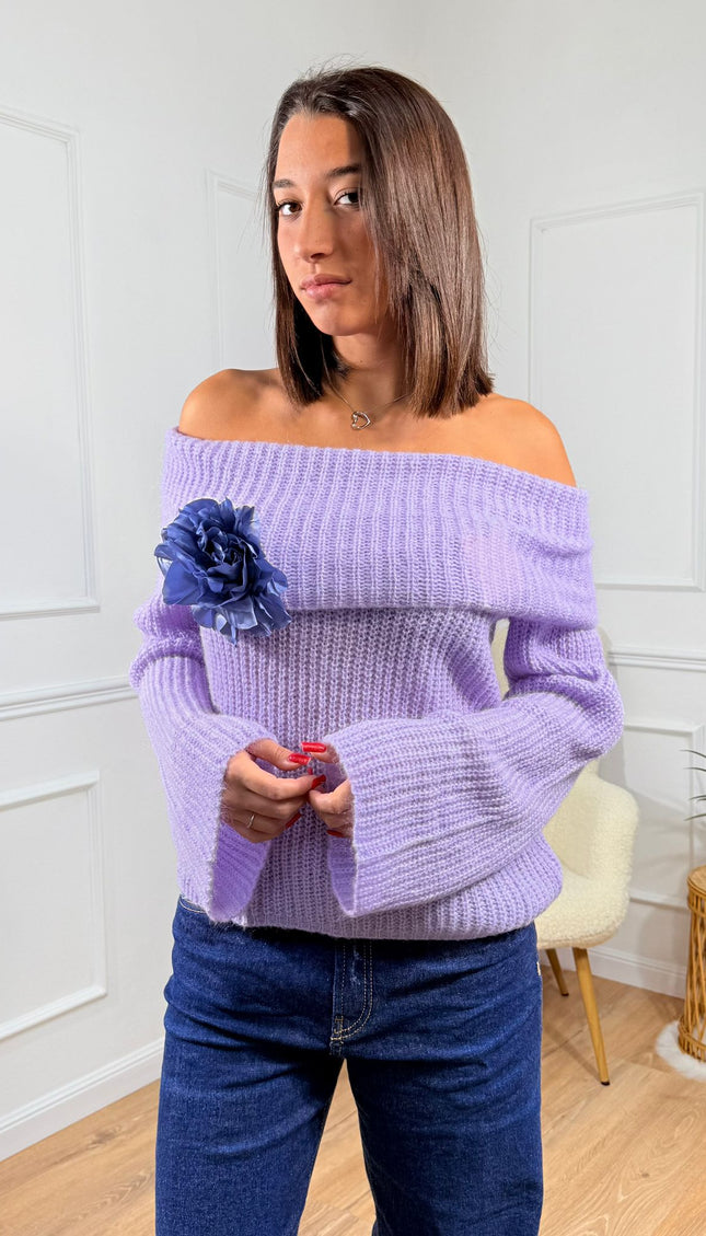 Maglia con Spalla Scoperta e Fiore Decorativo Vicolo