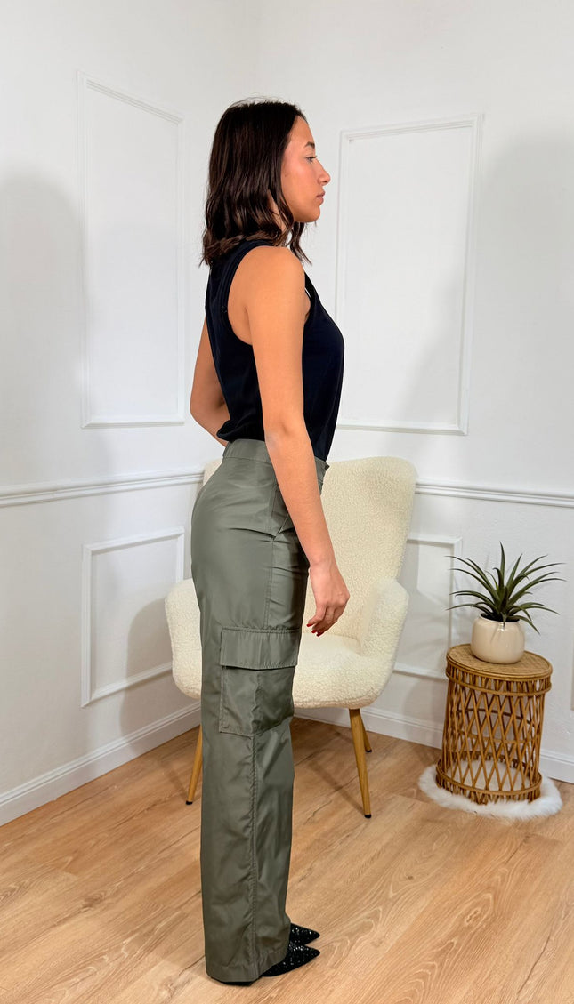 Pantalone a Vita Alta con Taglio Dritto Jijil Verde militare