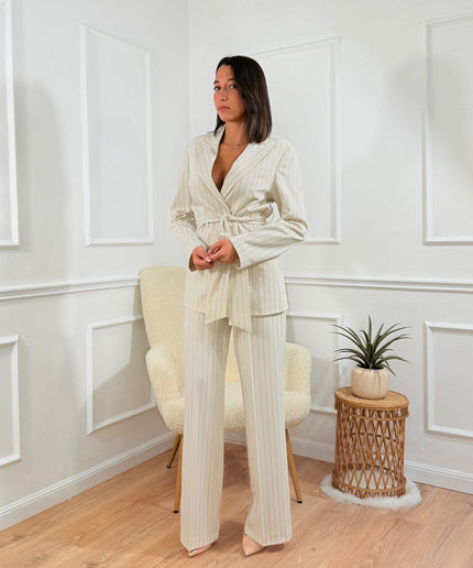 Tailleur con Cintura Tona Risci Gessato panna