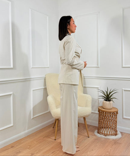 Tailleur con Cintura Tona Risci Gessato panna