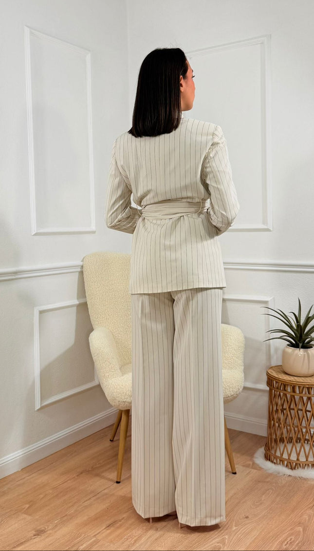 Tailleur con Cintura Tona Risci Gessato panna