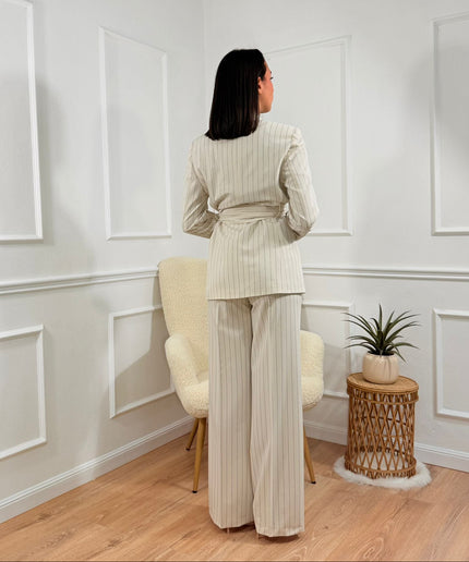 Tailleur con Cintura Tona Risci Gessato panna