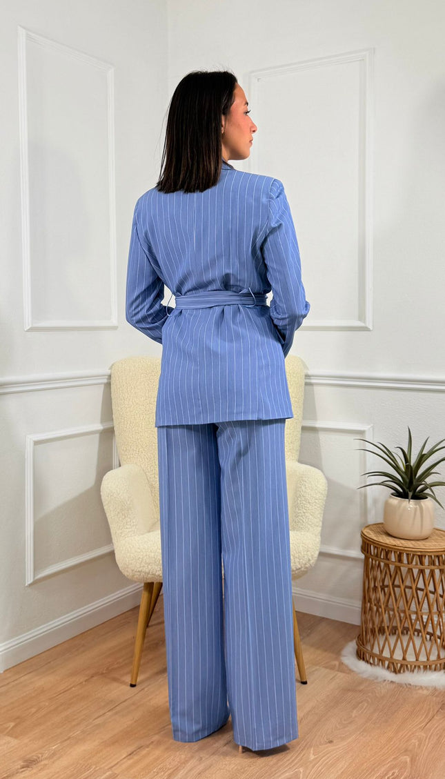 Tailleur con cintura Tona Risci Gessato Celeste