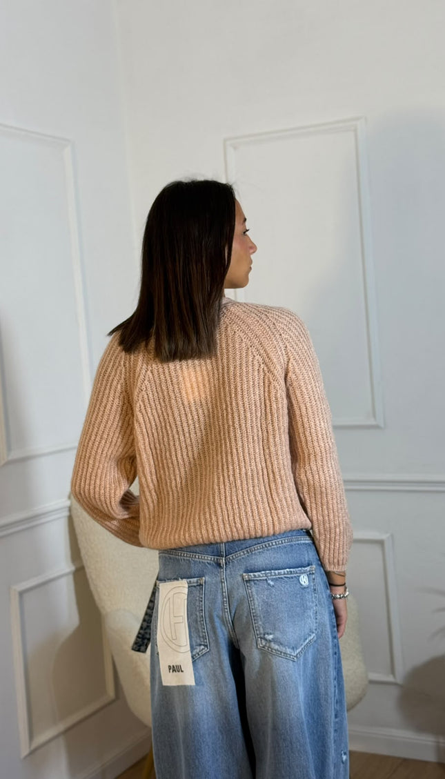 Cardigan a Coste con Bordura Dorata – Camel