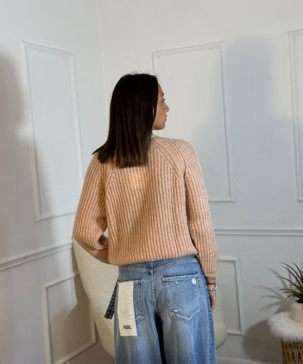 Cardigan a Coste con Bordura Dorata – Camel