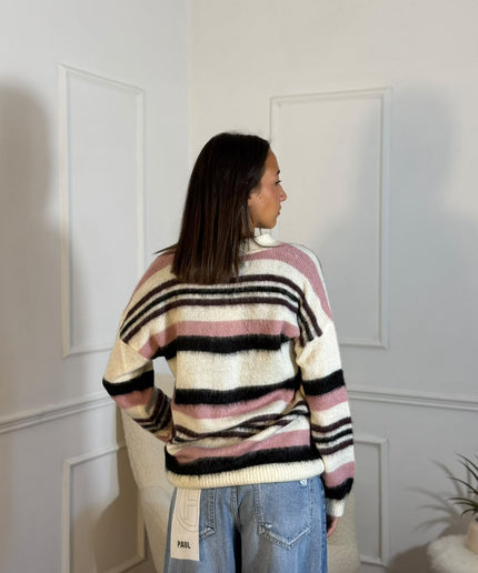 Cardigan Oversize a Righe Mohair – Panna/Rosa