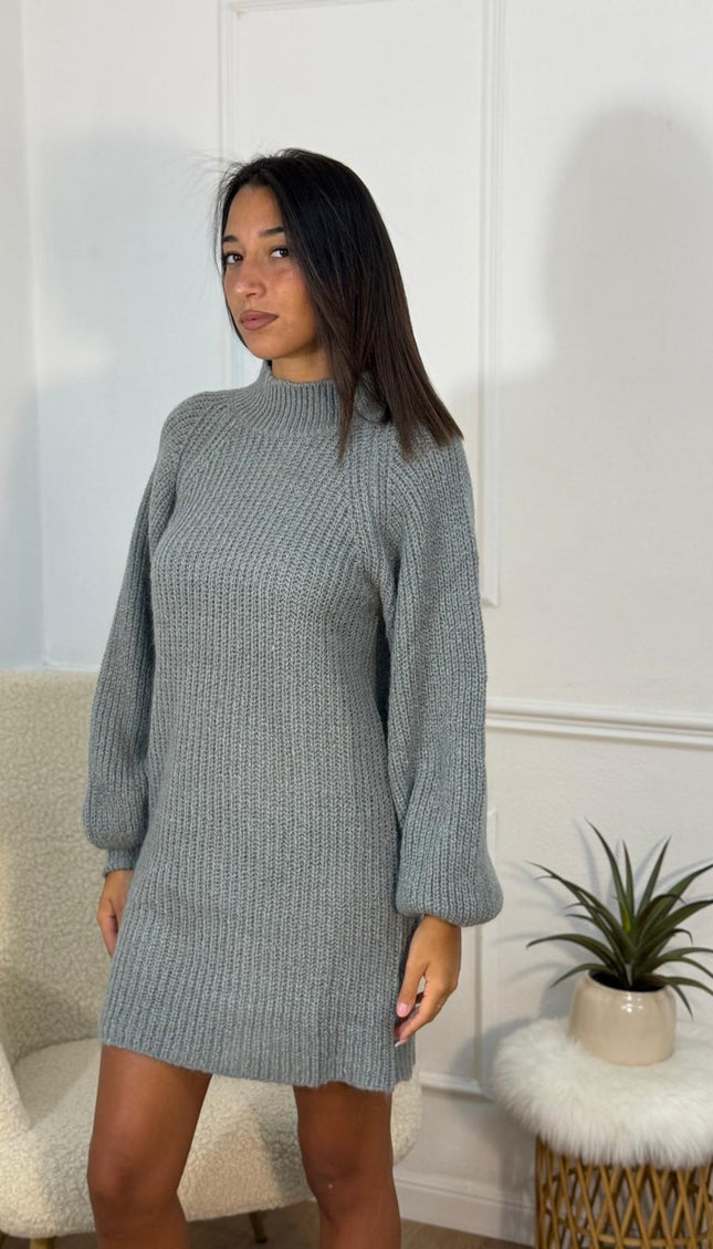 Abitino in Maglia a Coste con Collo Alto – Grigio