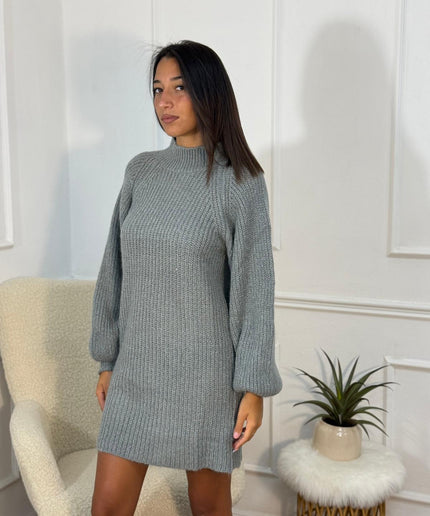 Abitino in Maglia a Coste con Collo Alto – Grigio