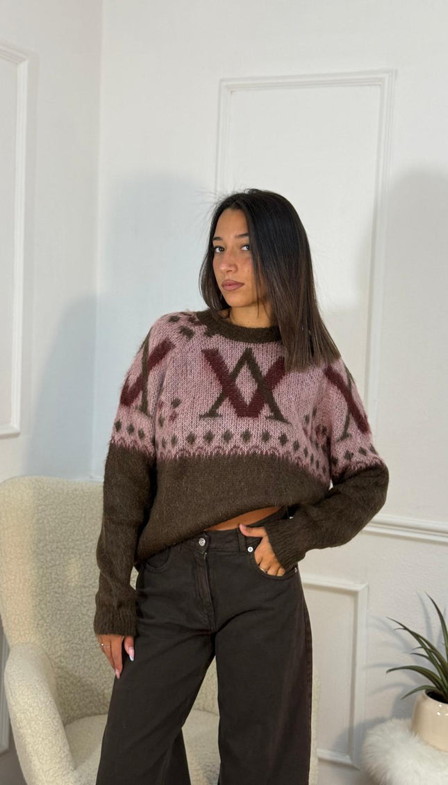 Maglione Jacquard Geometrico – Marrone/Rosa