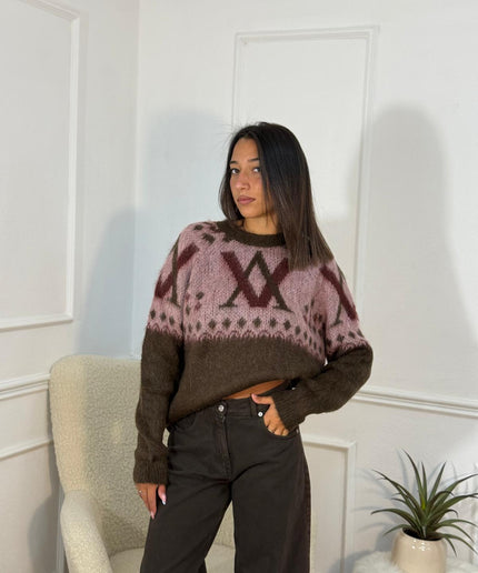Maglione Jacquard Geometrico – Marrone/Rosa
