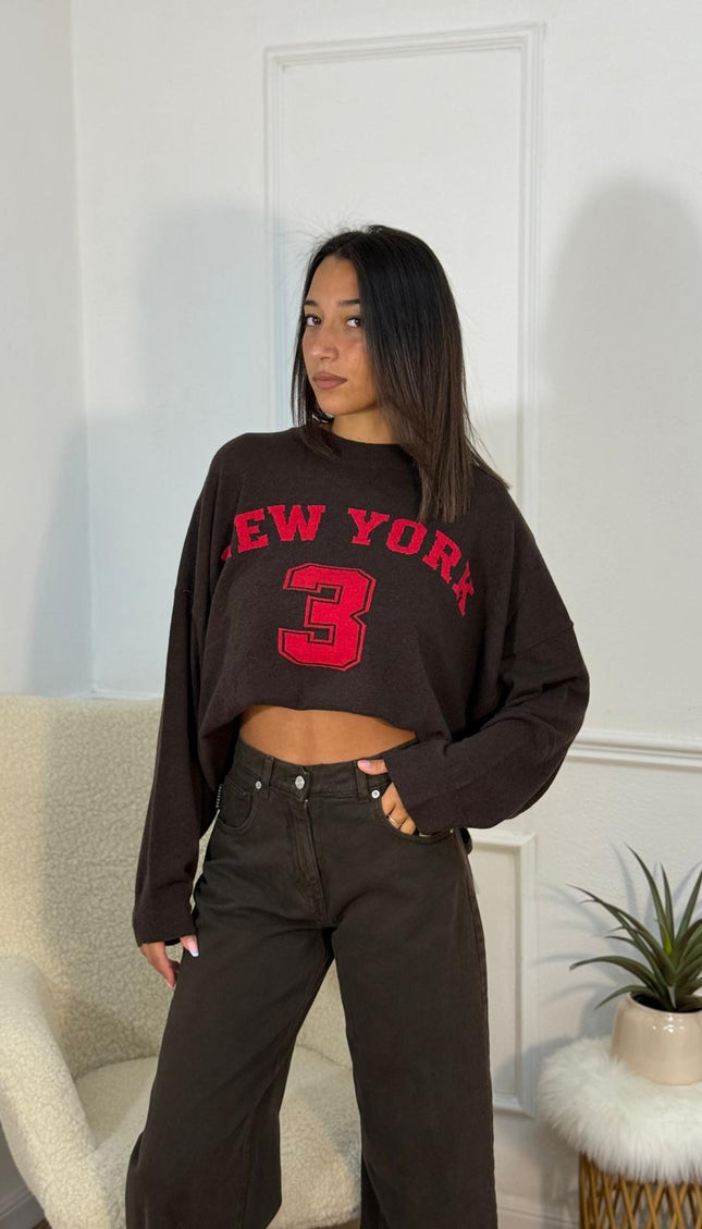 Felpa Crop "New York 3" Varsity – Marrone/Rosso