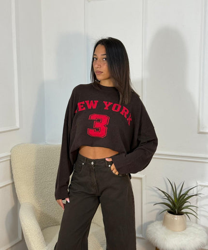 Felpa Crop "New York 3" Varsity – Marrone/Rosso