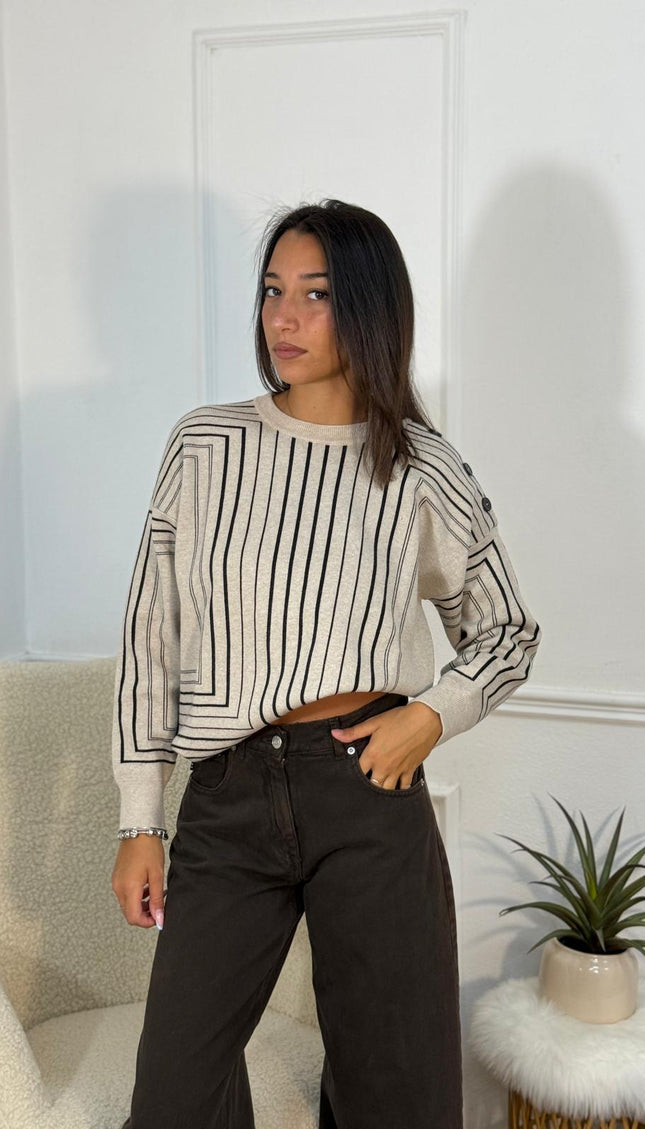 Maglione a Righe Verticali con Bottoni – Panna/Nero
