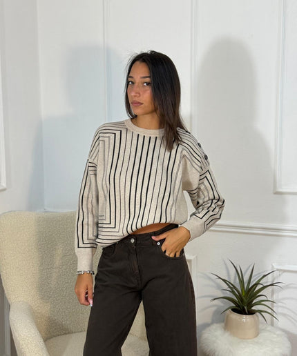 Maglione a Righe Verticali con Bottoni – Panna/Nero