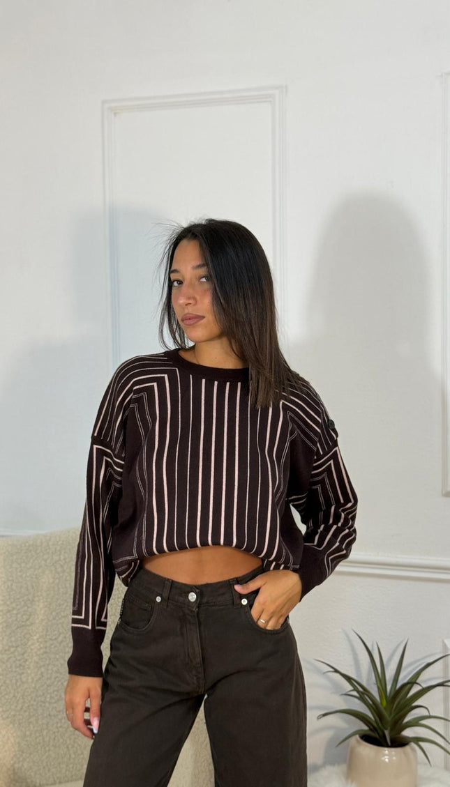 Maglione Crop a Righe Verticali con Bottoni – Marrone