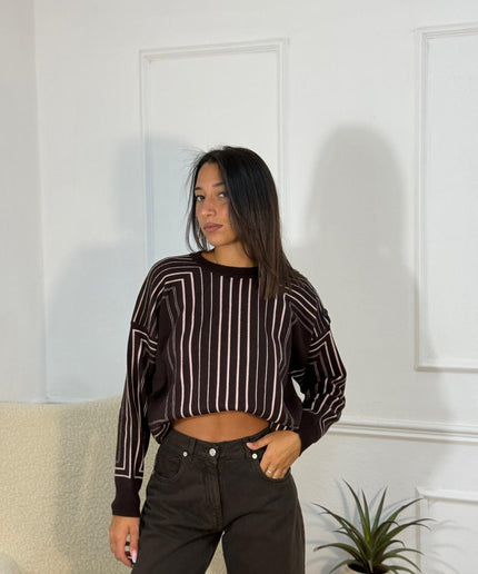 Maglione Crop a Righe Verticali con Bottoni – Marrone