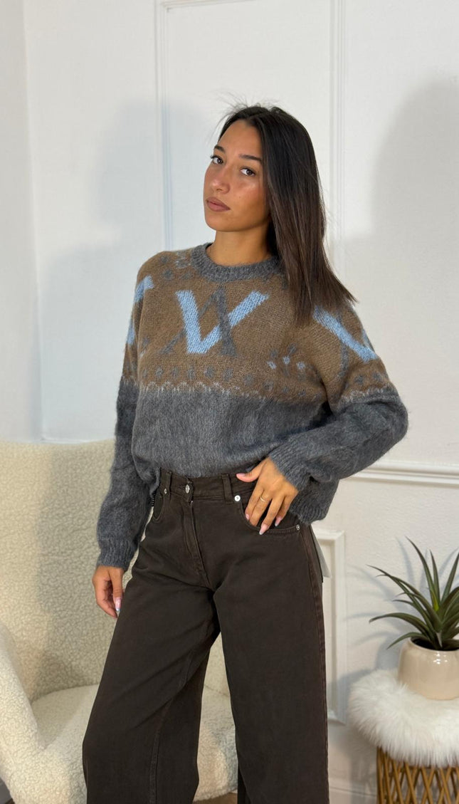 Maglione Jacquard Monogram V – Grigio/Azzurro