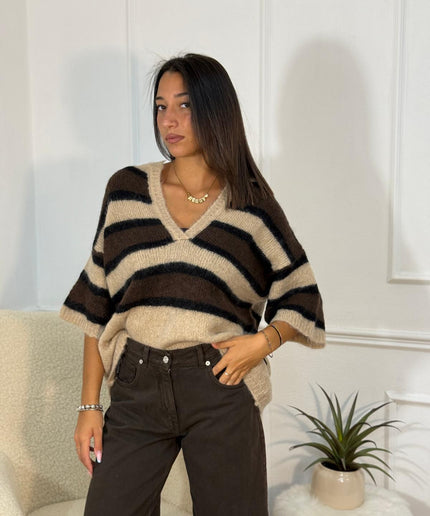 Maglione a Righe con Scollo a V – Nero/Beige