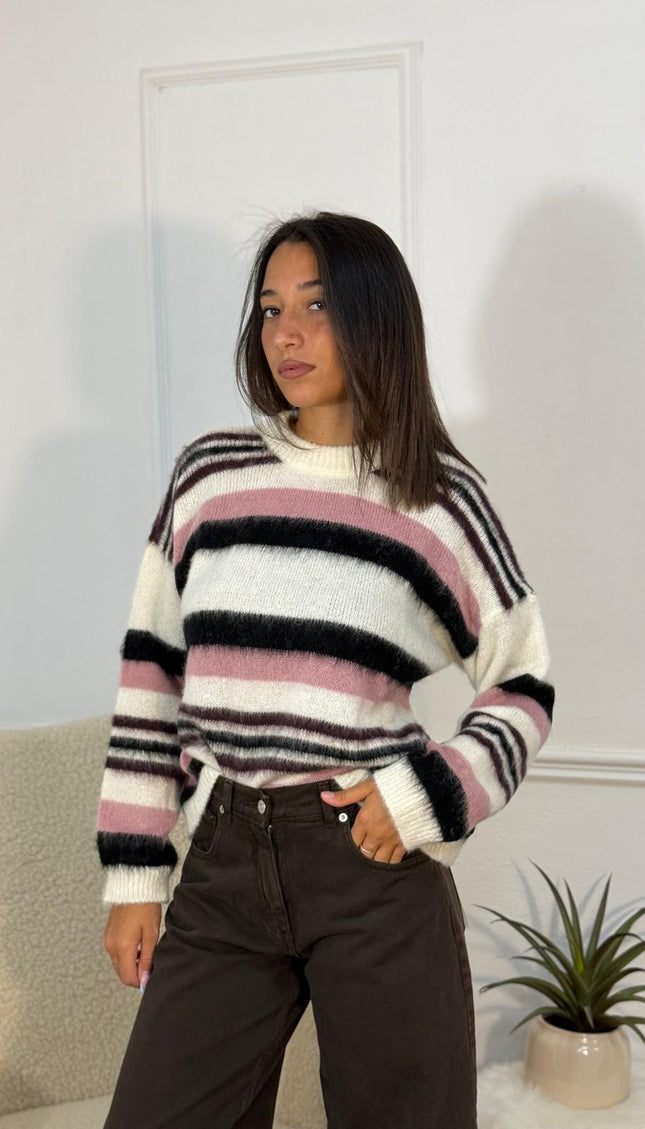 Maglione a Righe Orizzontali – Nero/Rosa/Bianco