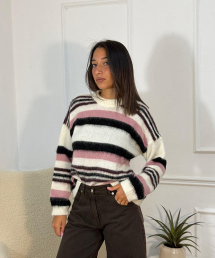 Maglione a Righe Orizzontali – Nero/Rosa/Bianco