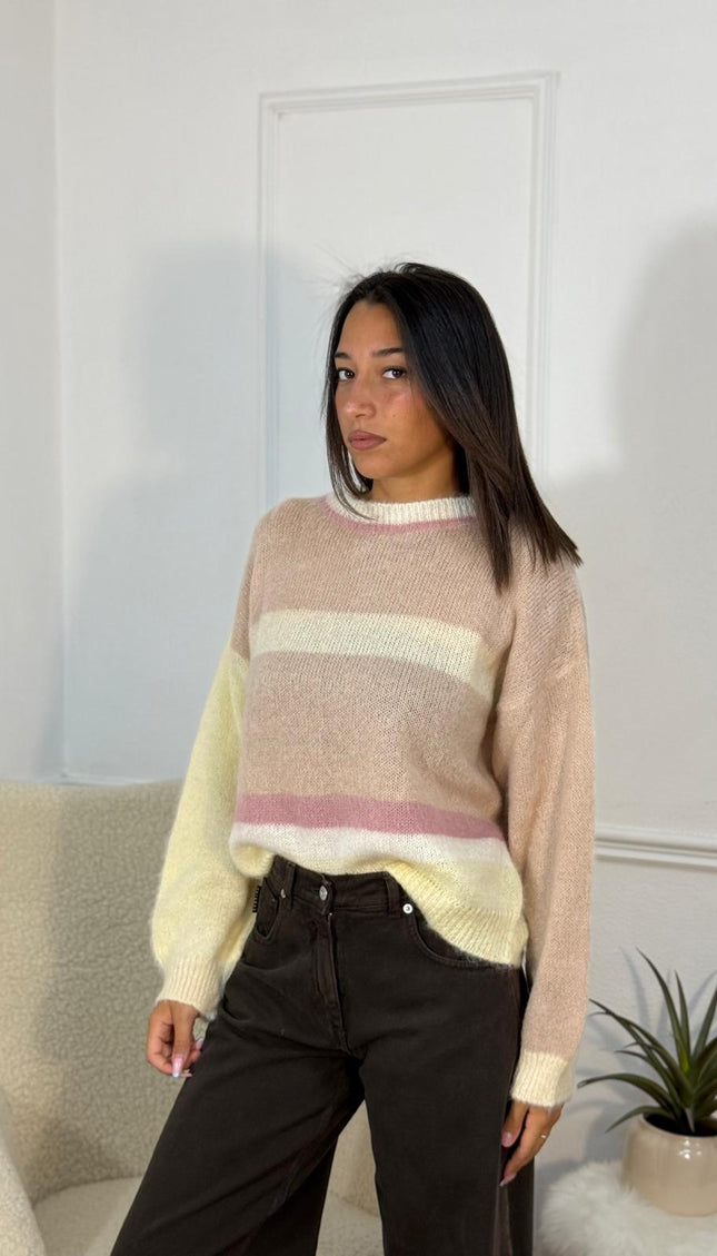 Maglione a Righe Pastello Tono su Tono – Panna/Rosa