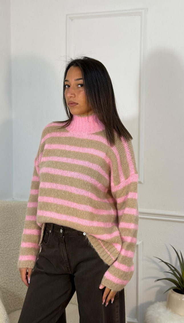 Maglione a Righe con Dolcevita – Rosa/Tortora
