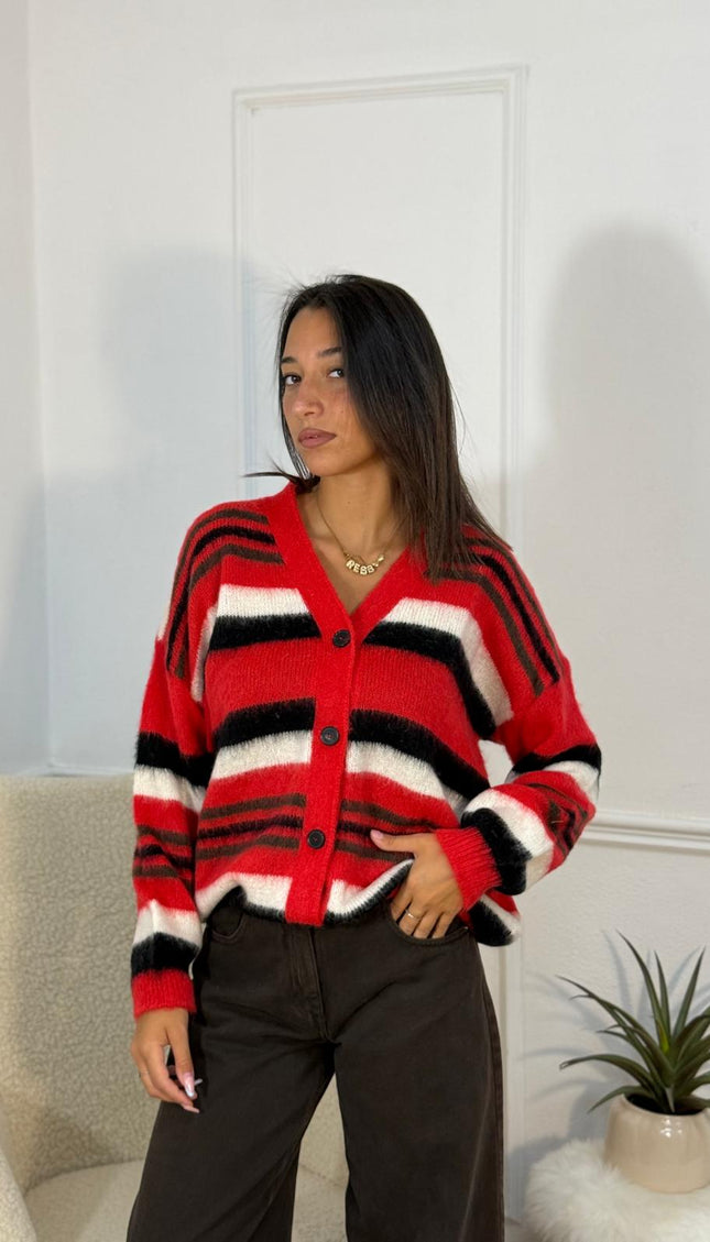Cardigan a Righe in Maglia Soffice – Rosso/Nero/Panna