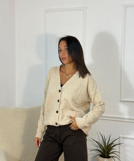 Cardigan in Maglia Traforata con Tasche – Panna