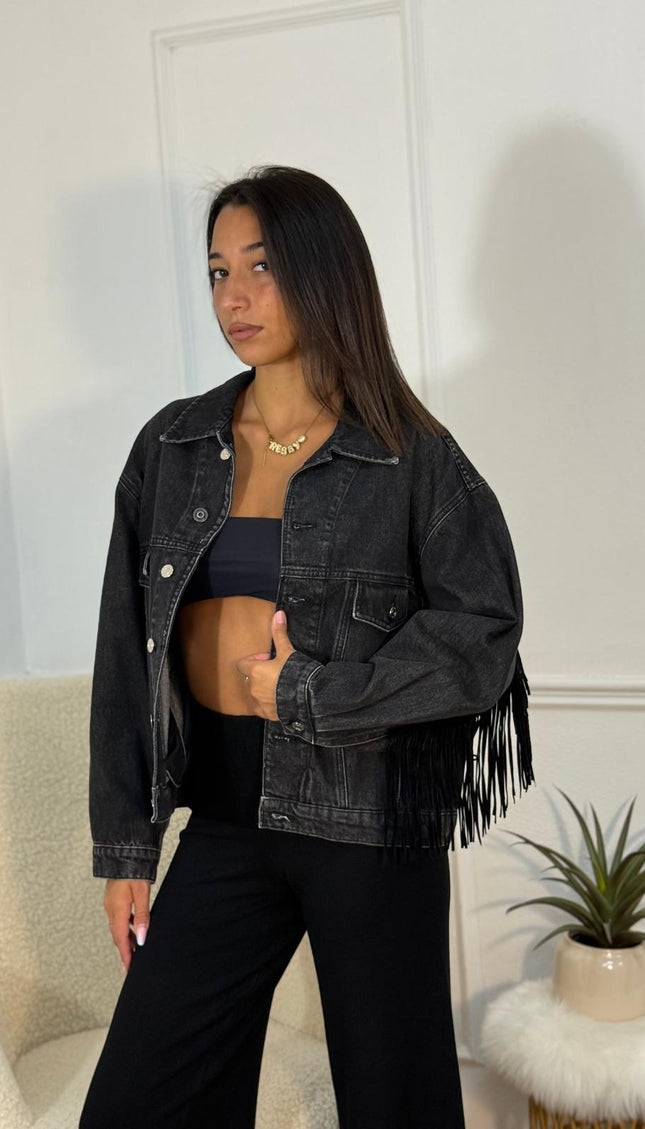 Giacca di Jeans Oversize con Frange – Nero