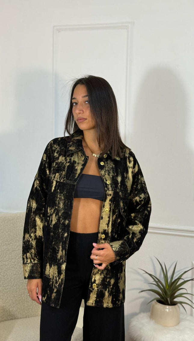 Giacca Camicia Oversize Effetto Metallizzato – Nero/Oro