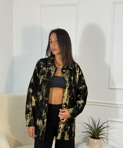 Giacca camicia oversize in tessuto metallizzato nero e oro con bottoni dorati