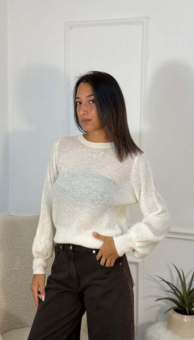 Maglione a Coste Semitrasparente con Maniche a Palloncino – Bianco
