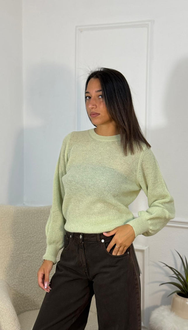 Maglione a Coste Semitrasparente con Maniche a Palloncino – Verde Salvia