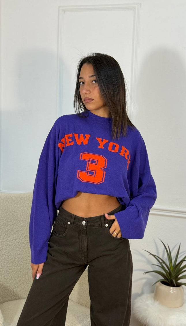 Crop Top in Maglia "New York 3" – Blu/Arancio