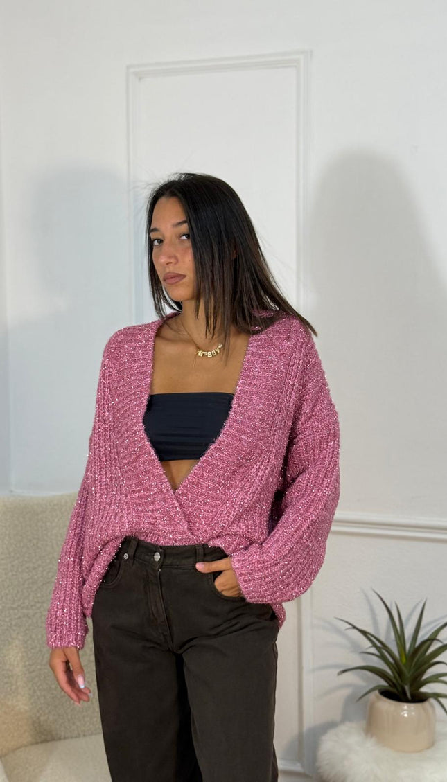 Cardigan Oversize in Maglia Lurex – Rosa Antico