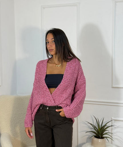 Cardigan oversize in maglia lurex rosa antico con filo metallizzato e maniche ampie