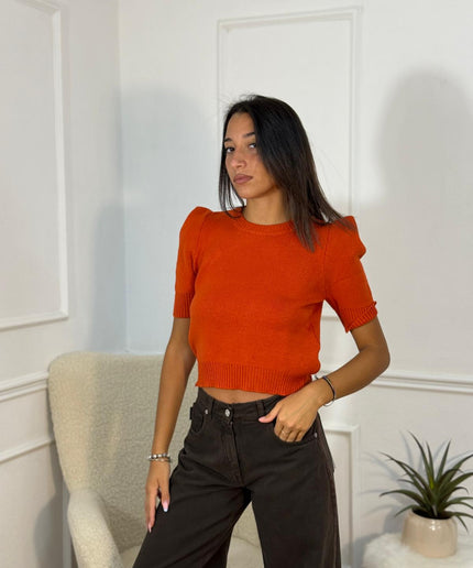 Crop Top in Maglia a Coste con Maniche a Sbuffo – Arancio Ruggine