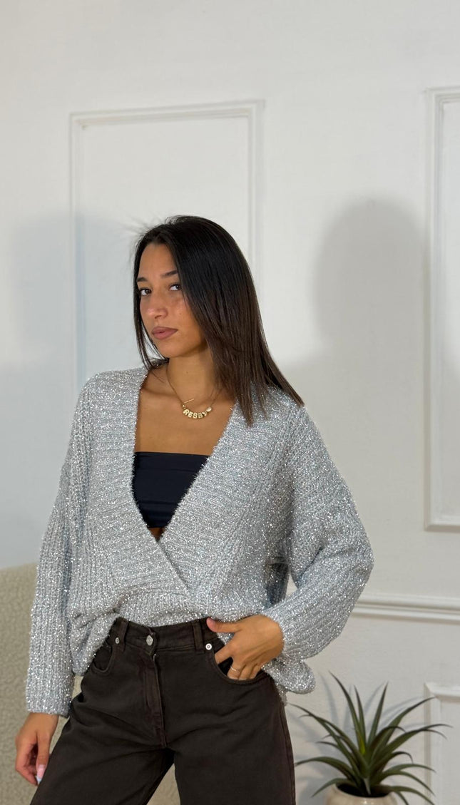 Cardigan oversize in maglia lurex argento con filo metallizzato e maniche ampie