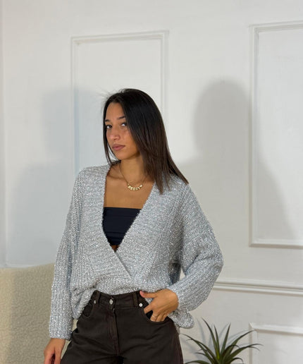 Cardigan oversize in maglia lurex argento con filo metallizzato e maniche ampie