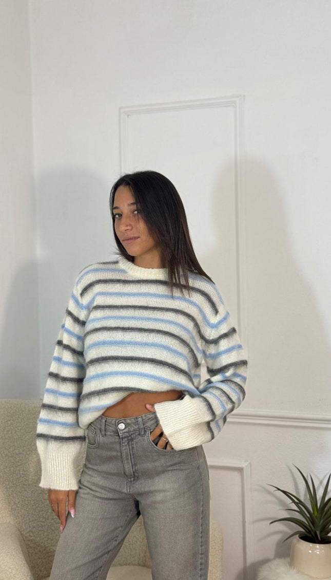 Maglione Crop a Righe in Maglia Soffice – Panna/Azzurro/Grigio