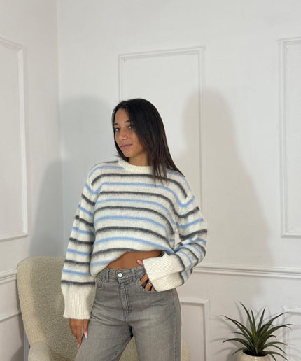 Maglione Crop a Righe in Maglia Soffice – Panna/Azzurro/Grigio