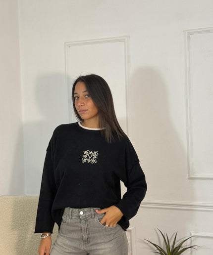 Maglione Girocollo con Monogramma Ricamato – Nero