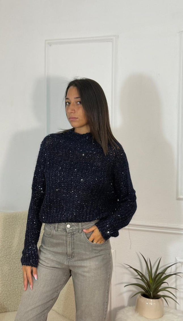 Maglione con Paillettes Collo Semi-Alto – Blu Notte